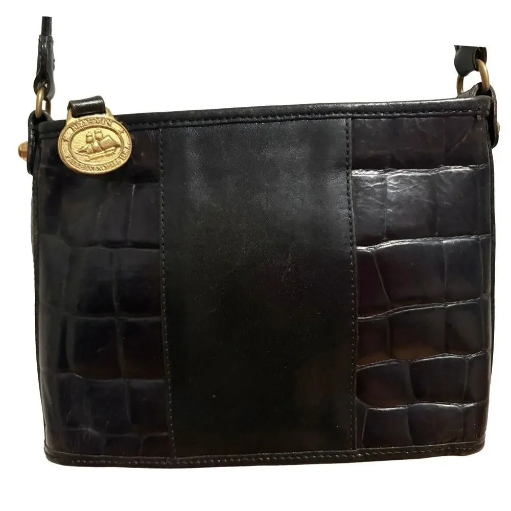 Vintage Brahmin Black Croc Embossed Leather Crossbody Bag 8.5x6x2